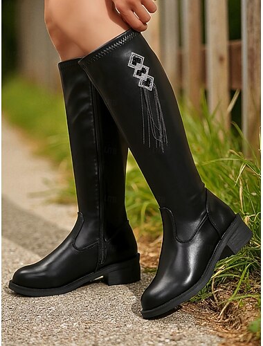  Bottes hautes en similicuir noir pour femme – Bottes style cavalière ornées de strass, idéales pour les sorties streetwear et décontractées