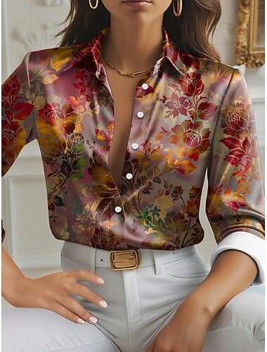  Damen Hemd Blumen Grafik Elegant Stilvoll Basic Langarm Hemdkragen Normale Oberteile Täglich Arbeit Blau Rote Purpur Braun Grün Frühling Herbst Winter