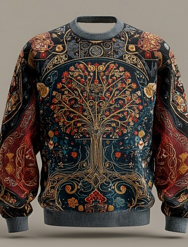  בגדי ריקוד גברים ויקינג עץ החיים סוודר סוודר סריגים צווארון צווארון רטרו\וינטאג' יום יומי חופשה רחוב יומי הדפסת תלת מימד סריגה Keep Warm שרוול ארוך סתיו חורף שחור פול אפור