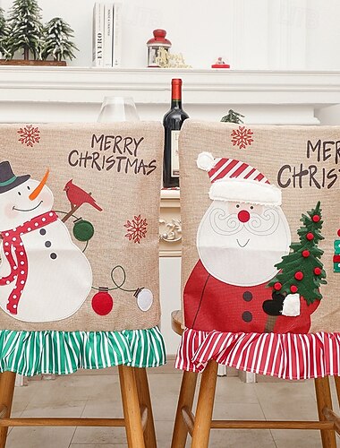  Fundas de arpillera para sillas navideñas, Papá Noel creativo &Aplique de muñeco de nieve con rayas festivas, fundas de asiento navideñas para comedor y decoración del hogar.