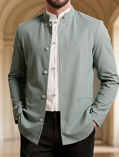  Miesten Pellava takki Muodollinen Koti Napit minimalistinen 봄 & Syksy Syksy Kaikki vuodenajat Yhtenäinen väri Aktiivinen Vintage Paitapuserokaula-aukko Normaali Laivaston sininen Apila Khaki Vaalean