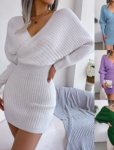  Damen Pullover Pullover Kleid Lässig Weich Einfarbig Gerippt V Ausschnitt Gestrickt Langarm Lange Oberteile Stricken Outdoor Party Täglich Schwarz Weiß Frühling Herbst