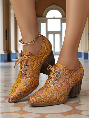  Dames vintage paisley veterschoenen uit de jaren 50 Oxford - retro blokhakschoenen voor artistieke professionals en herfstkantoorkleding