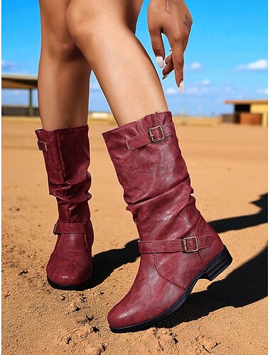  Bottes mi-mollet bordeaux pour femmes avec boucle et design souple – bottes d'hiver décontractées de style équitation rétro pour les tenues d'automne et le quotidien