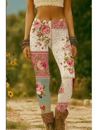  Per donna Leggings Vacanza Vintage Stile Etnico Lunghezza intera Vita Alta Floreale Grafico Stampa 3D Asciugatura Rapida Traspirabilità Morbido Elasticizzato Formale All'aperto Vacanza Bianco Rosa