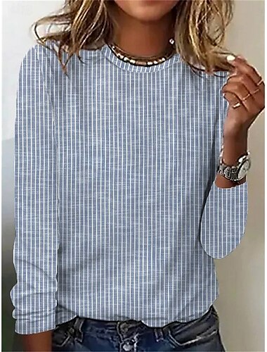  Damen T Shirt Grafik Geometrisch Gestreift Vintage Stilvoll Klassisch Langarm Rundhalsausschnitt Rundhals Normale Oberteile Täglich Druck Rosa Blau Grün Frühling Herbst Winter
