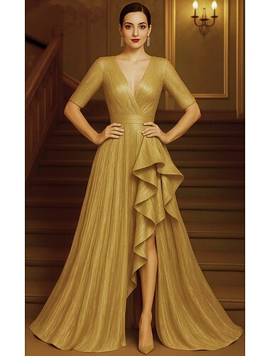  Linea ad A Abito da Sera Elegante Abito formale Formale Matrimonio Lunghezza al pavimento Mezza Manica Scollo a V Abito Champagne per la Madre della Sposa Tessuto Lurex con Glitter Volant 2025