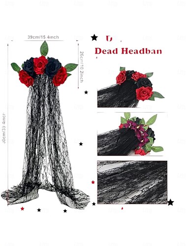  Halloween-kostuumset voor vrouwen met dag van de doden - jurk met schedelprint, bloemenhoofdband, kanten handschoenen, oorbellen en choker voor Halloween-feesten en thema-evenementen