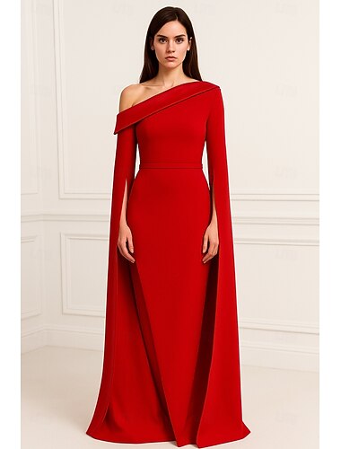 Fourreau / Colonne Longueur au sol Robe de bal avec cape Robe de Soirée Tenue de soirée Élégant Soyeux manche longue Une Épaule Formel Mariage Crêpe Extensible avec Plis