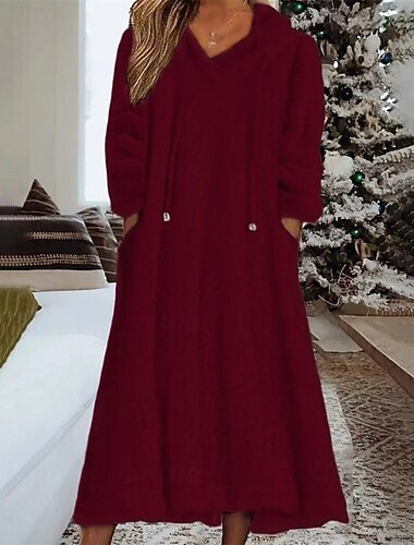  Damen Midikleid Freizeitkleid Winterkleid Mode Modern Täglich Wochenende Normale Passform Einfach Langarm Mit Kapuze Wein Winter Herbst