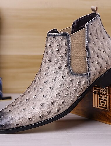  Botines Chelsea de piel sintética gris para hombre: zapatos de vestir sin cordones con estampado de avestruz para negocios, eventos formales y uso diario.