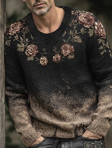  Homme Pull Pull Tricoté Côtelé Tricoter Hauts Réguliers Tricoté Imprimé Imprimé Floral Col ras du cou ancien Rustique Vacances Tenue quotidienne Vêtement Tenue Automne Hiver Marron S M L