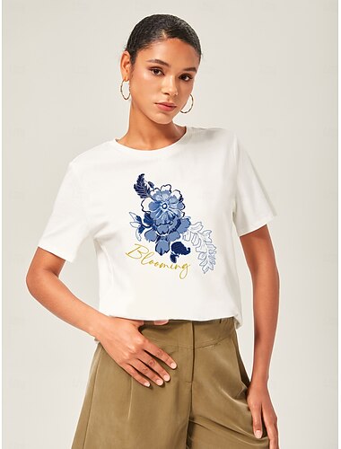  レディースコットン花柄グラフィックプリントTシャツホワイト半袖カジュアルクルーネックトップス、普段着に最適