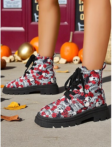  Dames Halloween-vetergevechtslaarzen met schedelprint - rode rozen gothic punk enkellaarsjes voor herfstfestivals, cosplay en streetwear-outfits