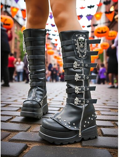  gotiske platåstøvletter med hodeskalle og knehøye hæler til dame - svarte halloween-punkrockstøvletter med spenne i kunstskinn for festivaler, cosplay og streetwear