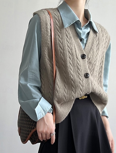 Damen Pullunder Streetwear Lässig Einfarbig Zopfmuster V Ausschnitt Knöpfe Gestrickt Ärmellos Normale Oberteile Stricken Täglich Ferien Ausgehen Schwarz Kamel Herbst Winter   Damen Pullunder Streetwear Lässig Einfarbig Zopfmuster V Ausschnitt Knöpfe Gestrickt Ärmellos Normale Oberteile Stricken Täglich Ferien Ausgehen Schwarz Kamel Herbst Winter