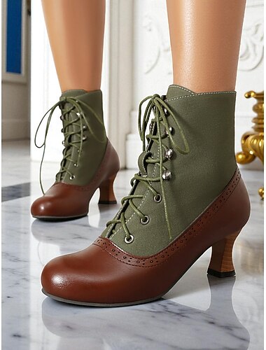  Dámské vintage šněrovací kotníkové boty z viktoriánského období 20. století – dvoubarevné hnědo-olivově zelené kotníkové boty na podpatku s detaily brogue pro cosplay, steampunk a podzimní outfity