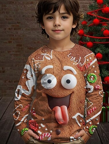 Karácsony Fiú 3D Grafika Rajzfilm Mézeskalács férfiak Póló Hosszú ujj Tavasz Ősz Divat Alap Gyerekek 4-12 év Terített nyak Szabadtéri Hétköznapi Napi Normál   Karácsony Fiú 3D Grafika Rajzfilm Mézeskalács férfiak Póló Hosszú ujj Tavasz Ősz Divat Alap Gyerekek 4-12 év Terített nyak Szabadtéri Hétköznapi Napi Normál