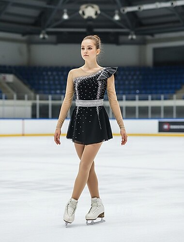  Figure Skating Dress Women's Girls' Ice Skating Dress Black Patchwork Thumbhole Mesh Spandex Stretchy Training Practice Professional Skating Wear Thermal Warm Crystal / Rhinestone Long Sleeve Ice