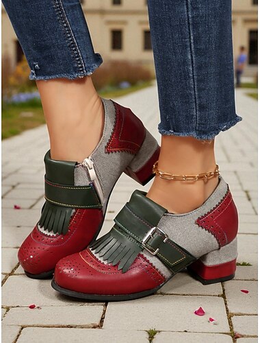  Oxfords femininos retrô dos anos 1950, com tiras em T e salto bloco, com franjas, design exclusivo de blocos de cores para estilo casual, diário e urbano.