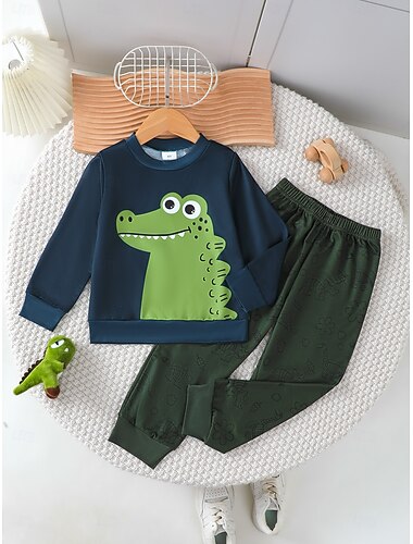  2 Stück Kleinkind Jungen T-Shirt & Hose Outfit Dinosaurier Langarm Rundhalsausschnitt Set Schule Mode Täglich Herbst Winter 4-7 Jahre Armeegrün