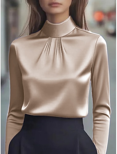  Blusa elegante de satén para mujer, lisa, de vestir, estilo casual, cuello alto, corte clásico, disponible en negro, blanco, morado y caqui para otoño.