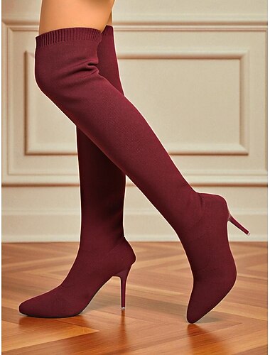  Zwarte gebreide overknee stilettohak damesmode laarzen - elegante stretch laarzen tot aan de dij voor avondfeesten, clubkleding en formele gelegenheden
