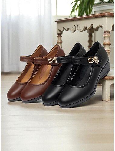  sapatos de trabalho mary jane femininos confortáveis com salto baixo e plataforma - preto &sapatilhas de escritório em couro sintético marrom com fivela decorativa para caminhadas diárias, longas