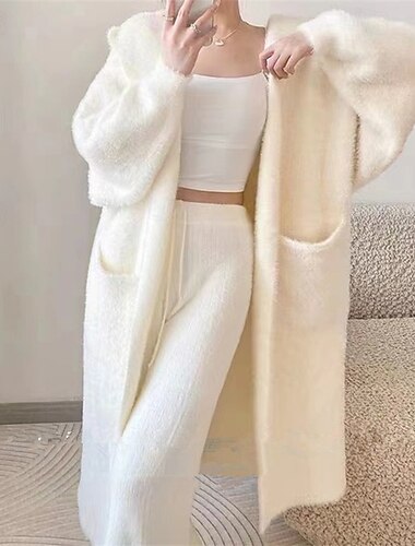  女性用 ニット カーディガン ファッション ストリートファッション 日常 純色 リブ フード付き ニット 長袖 ロングトップス ニット 祝日 お出かけ 週末 ブラック ホワイト 秋 冬