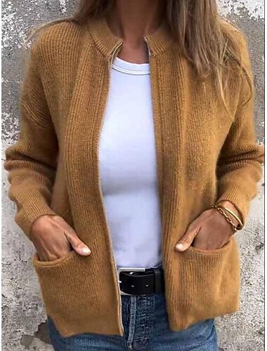  Per donna Felpa Cardigan Elegante Moda Streetwear Colore Puro Collo alla coreana Cerniera Lavorato a maglia Manica Lunga Top Regolari Maglia All'aperto Quotidiano Weekend Nero Giallo Autunno Inverno