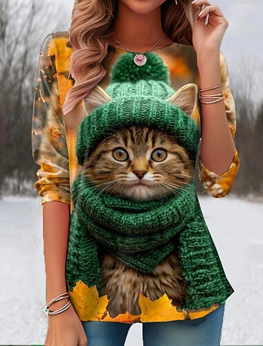  Påske Dame T-shirt Grafisk Dyr Kat Årgang Stilfuld Klassisk Langærmet Rund hals Almindelige toppe Daglig Trykt mønster Lysebrun Orange Grøn Sommer Forår Efterår