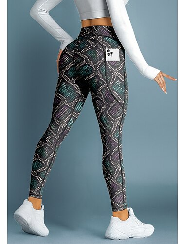  Mulheres leggings de pilates Calças de fitness Leggings de Ginástica Bolsos Imposto de selo Bolsos laterais Pilates Academia Treino de Ginástica Calças Meia-calça Leggings Animal Modelado Pele de