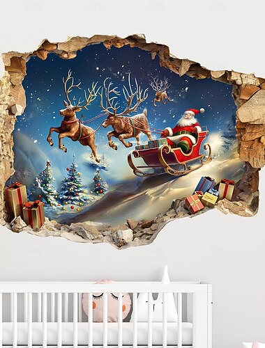  Autocollant mural de Noël 3D, décoration murale amovible en vinyle, motif Père Noël, traîneau et renne, pour fête, salon, entrée, maison, ambiance festival