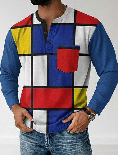  Herren Geometrisch Henley Hemd T-Shirt Langarm Retro Vintage Lässig Lässig Frühling Herbst Schwarz Weiß Blau Rot Henley Henley T-Shirt