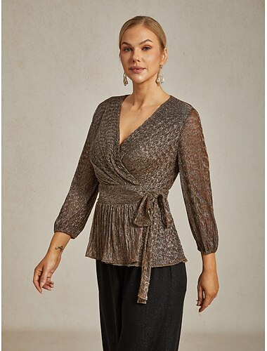  Dame Wrap Topper Ren bluse Dressy topper Elegant Fest Stilfull Langermet Lanterne Erme V-hals Vanlige topper Bryllupsgjest Festkveldsklær Semi-formelt Flettet Metallisk Brun Høst Vinter