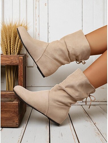  bottes mi-mollet en amande pour femmes – bottes plates et souples en similicuir à enfiler pour une tenue décontractée et quotidienne