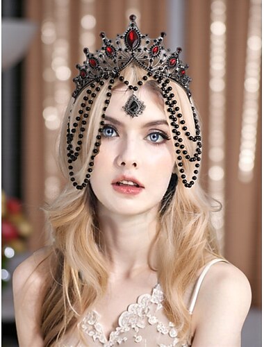 Dámská gotická korunní ozdoba s černými korálky a červenými drahokamy - vintage tiara pro halloweenský kostým a cosplay