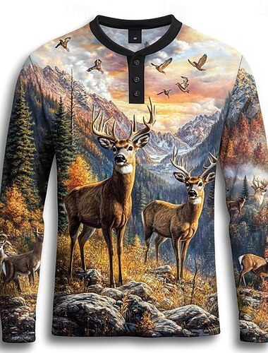  Pánské Zvíře Jelen Tričko Henley Dlouhý rukáv Módní Roztomilý Denní Ležérní Dovolená Jdeme ven Podzim Jaro & podzim Černá Henley Tričko Henley
