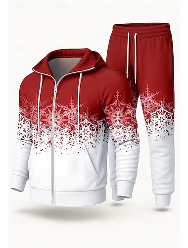  Weihnachten Herren Kapuzensweatshirt Trainingsanzug 2-teiliger Trainingsanzug Kordelzug Reißverschluss Farbverläufe Kombination Herbst Schwarz Rot Berufung Outdoor Reise Leicht Mode Langarm Sport
