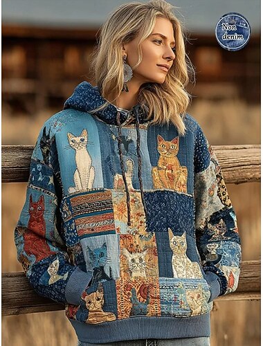  Γυναικεία Φούτερ πουλόβερ με κουκούλα και πουλόβερ Γραφική Γεωμετρικό Γάτα Βίντατζ Καθημερινό Μπόχο Μακρυμάνικο Με Κουκούλα Κανονικά μπλουζάκια Δρόμος Καθημερινή Ένδυση Κουρελού Στάμπα Μπροστινή τσέπη