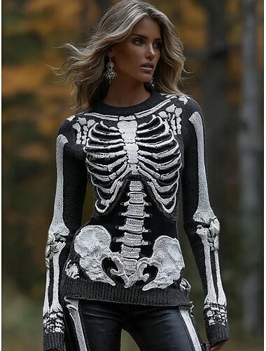  Per donna Felpa Carino Streetwear Casual Grafico Scheletro Girocollo Patchwork Lavorato a maglia Manica Lunga Top Regolari Maglia Halloween Nero Autunno Inverno