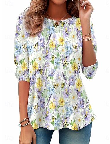  Dames T-shirt Bloemig Grafisch Planten Vintage Stijlvol Klassiek Lange mouw Strakke ronde hals Ronde hals Normale tops Dagelijks Afdrukken Paars Zomer Lente Herfst Winter