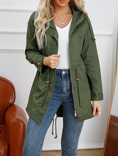  Damen Wintermantel Trenchcoat Warm Bequem Reißverschluss Tasche Lässig Einfach Urlaub Alltagskleidung Ausgehen Wochenende Lang Mit Kapuze Normale Passform Langarm Oberbekleidung Schwarz Weiß Wein