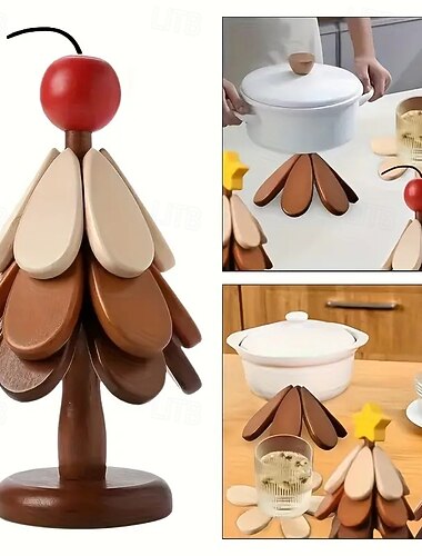  Ξύλινα, ανθεκτικά στη θερμότητα, ξύλινα σουβέρ χριστουγεννιάτικου δέντρου, δημιουργικά τραπεζομάντιλα σε σχήμα δέντρου για κουζίνα και τραπεζαρία, κατάλληλα για μπολ, τσαγιέρες, δίσκους ποτών,