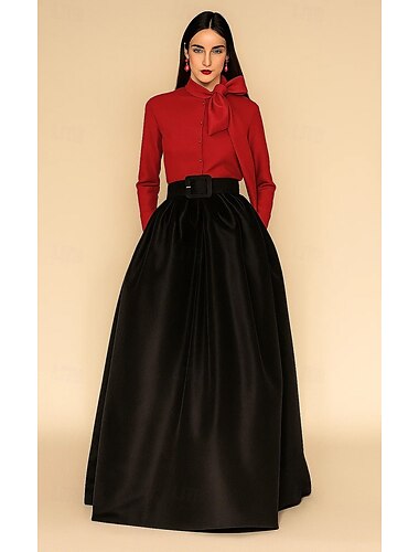  А-силуэт В пол Вечернее платье С пышной юбкой Торжественное платье Элегантный стиль Шелковистость Длинный рукав Вырез под горло Официальные Свадьба Карман Сатин Стретч-сатин с Бант(ы)