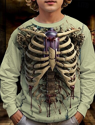  Víspera de Todos los Santos Chico 3D Cráneos Camiseta Manga Larga Primavera Otoño Moda Básico Niños 4-12 años Cuello Barco Exterior Casual Diario Ajuste regular