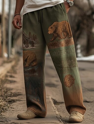  Voor heren dier Beer Natuur Broeken Vrijetijdsbroek Medium Taille Trekkoord elastische taille Vintage Retro Buiten Kamperen&Wandelen Jagen Broek met rechte pijpen Lente Herfst 3D-afdrukken Groen khaki