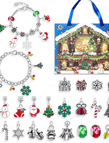  Jule Adventskalender Julegaver 2025 Julegave Jenter Kvinner Barn 24 Dager Armbånd Jule-Nedtelling Kalender DIY Smykke Lage Sett Gave 22 Charm Perler 2 Armbånd