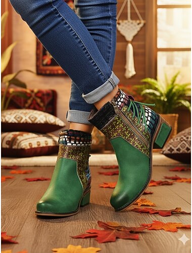  botins femininos boho chic com patchwork colorido e zíper – botas de amarrar estilo vintage para outono e inverno