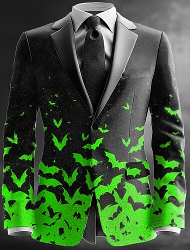  Halloween Herre Flaggermus Blazer jakke Frakk Bekvem Kunstnerisk Fritid Festkveldsklær Daglig Festival 3D-utskrift Knapper Multi lomme Alle årstider Med hakk Langermet Blå Oransje Grønn